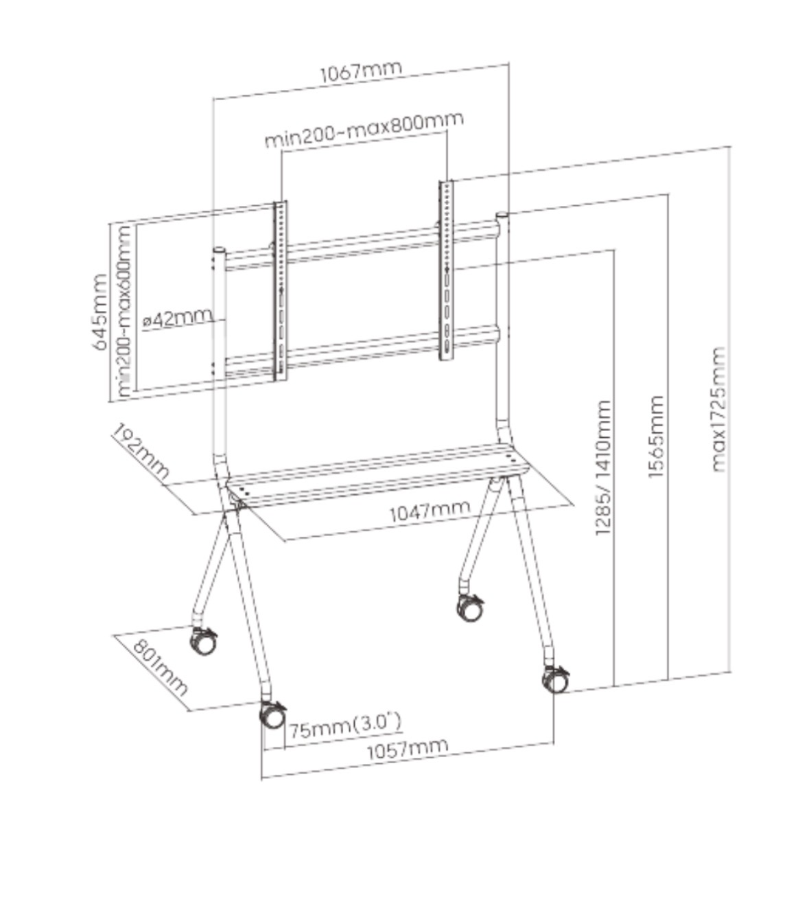 Technical dimension drawing of the slim mobile trolley stand