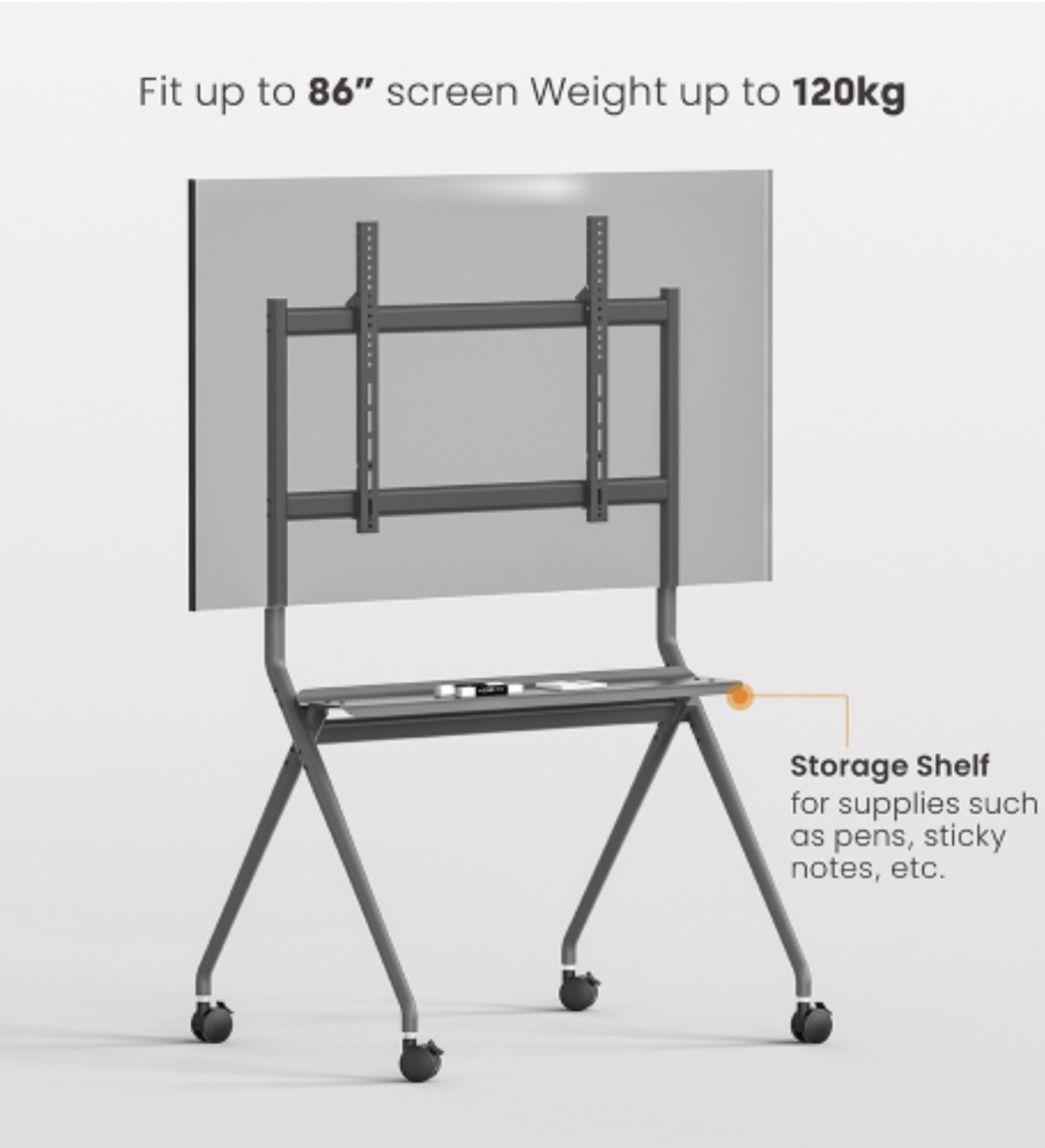 Slim trolley stand fits up to 86 inch screens, weight up to 120 kg, storage shelf