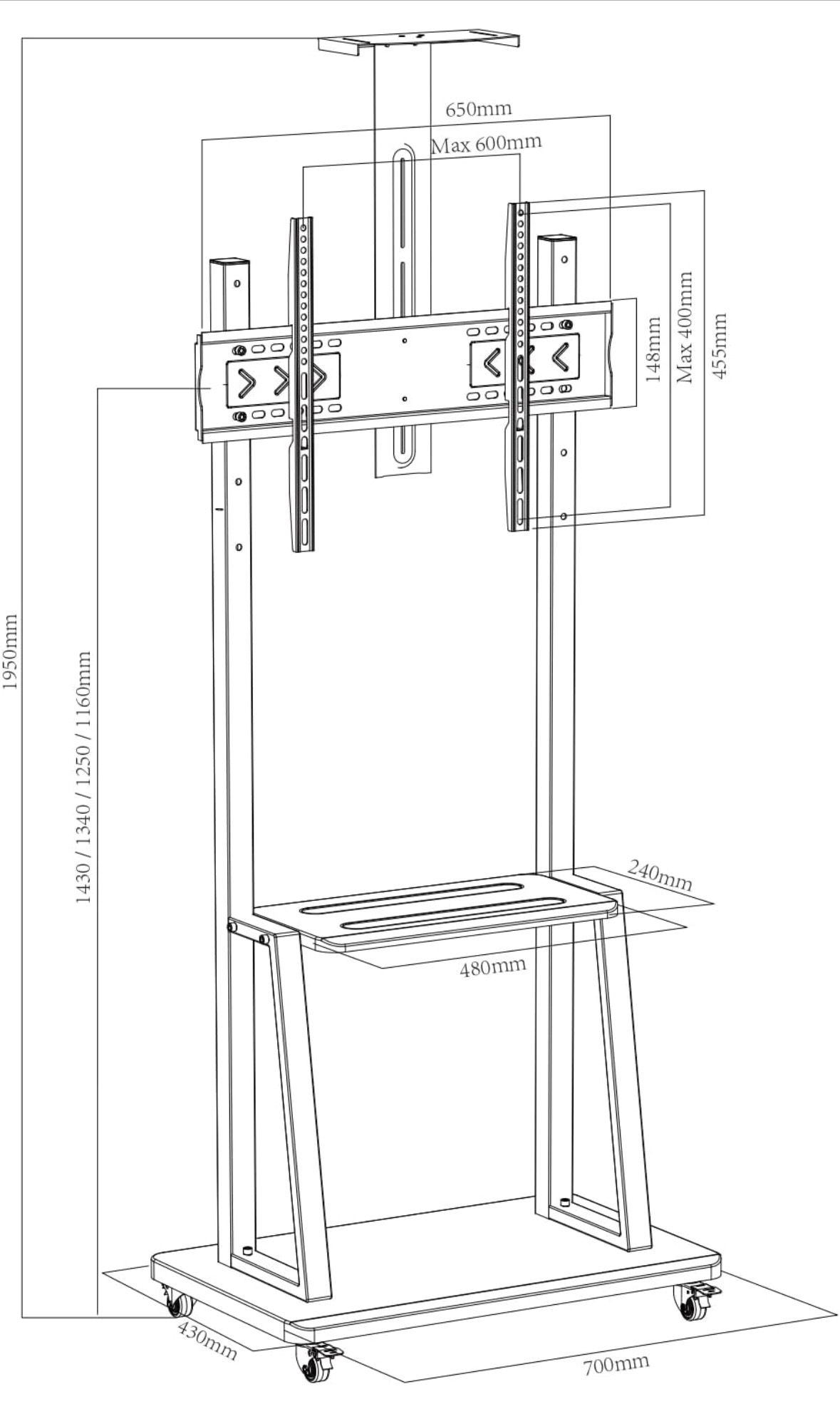 Technical dimension drawing of the compact mobile trolley stand
