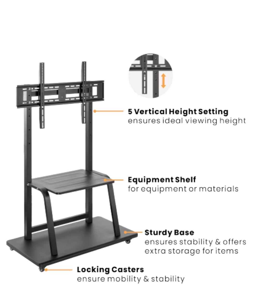 Trolley stand features: 5 vertical height settings, equipment shelf, sturdy base, locking castors