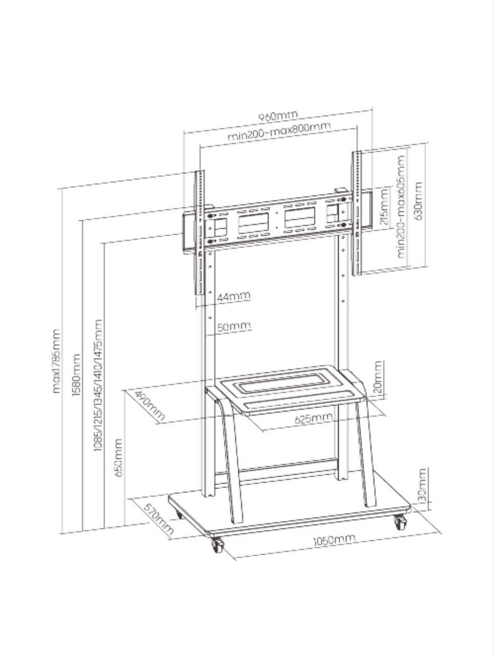 Technical dimension drawing of the interactive panel mobile trolley stand