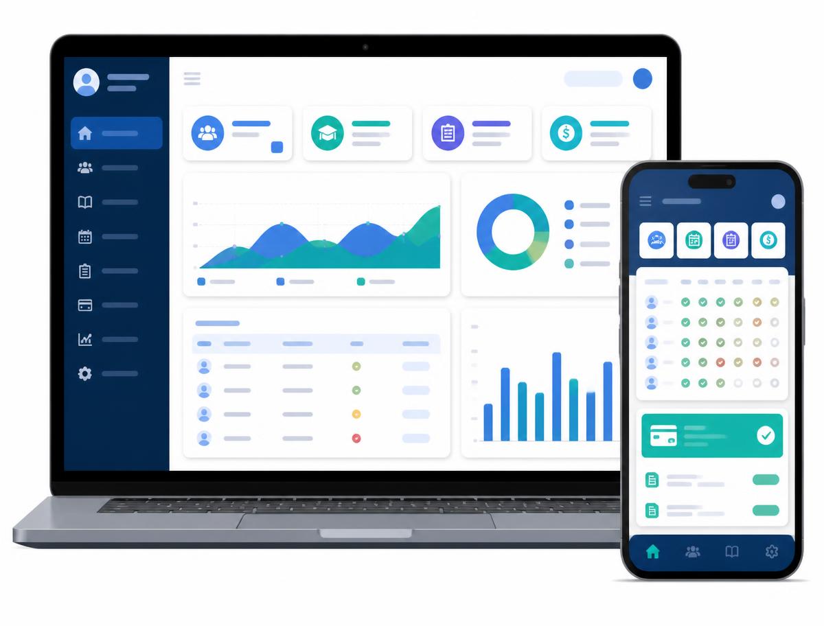 EduManage school management software on a laptop and mobile phone
