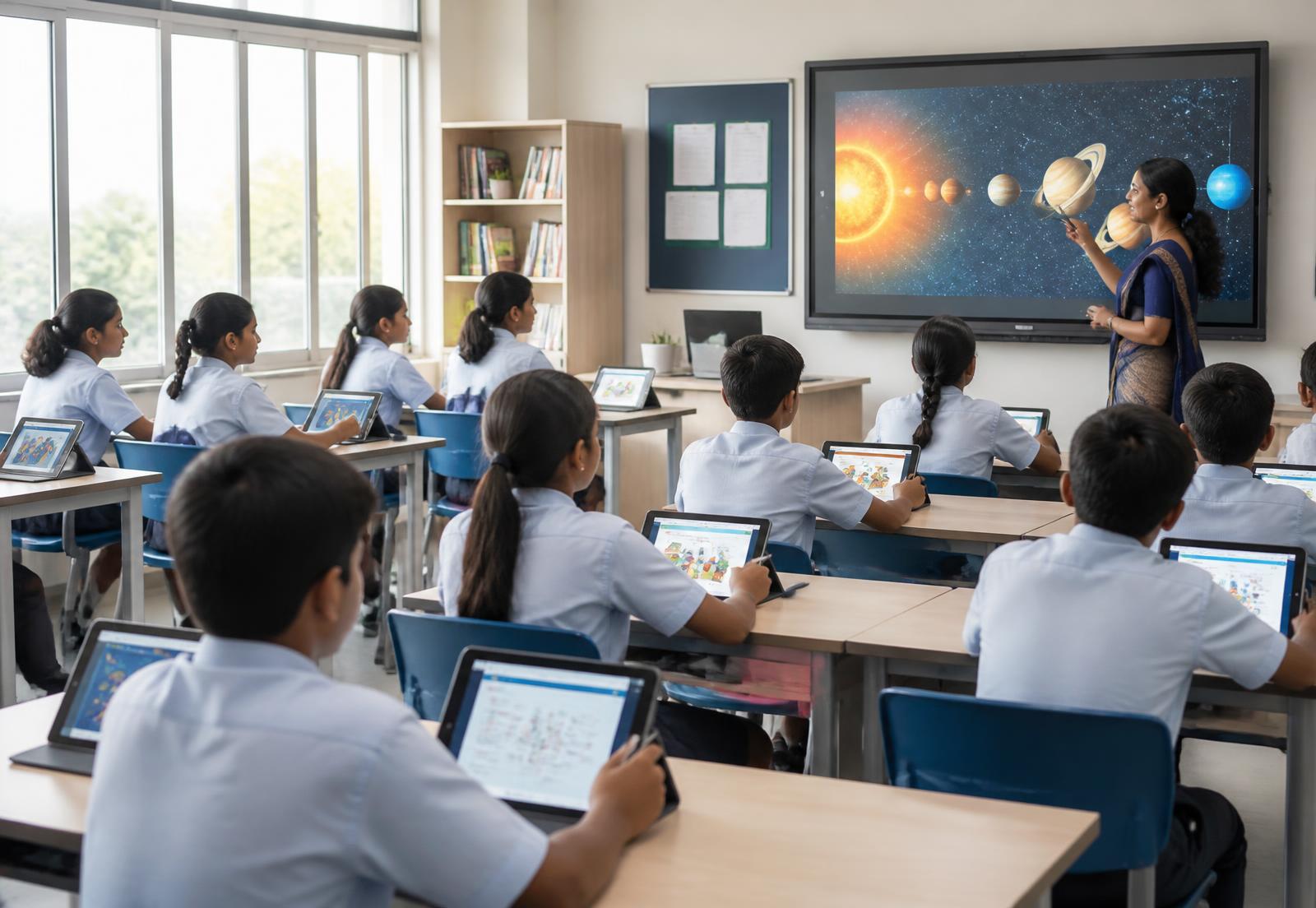 Digitally equipped classroom with students using tablets and a teacher at an interactive display